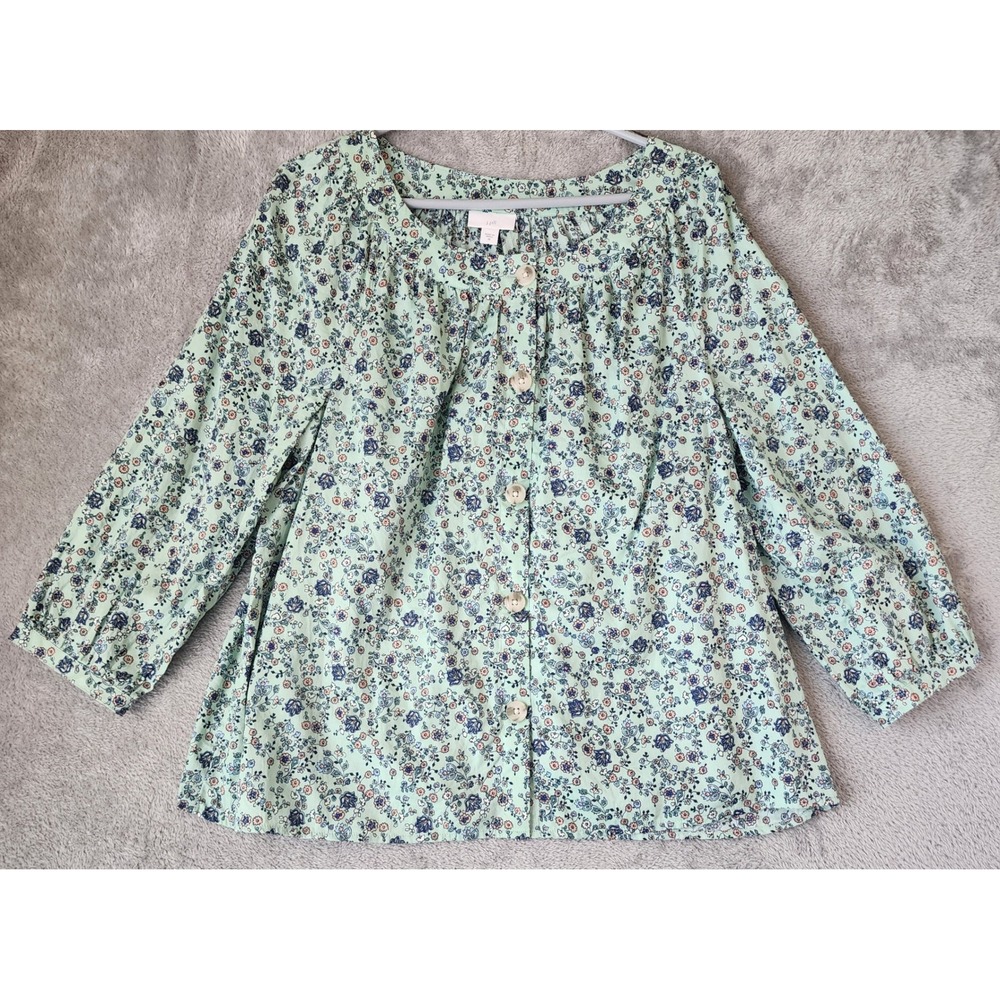 J. Jill Shirt Womens Medium Mint Green Floral 3/4 Sleeve Button Front Blouse